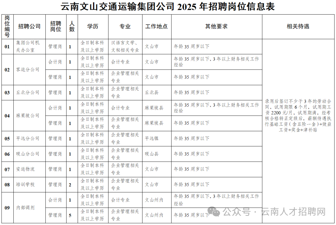 云南文山交通运输集团公司2025年招聘公告