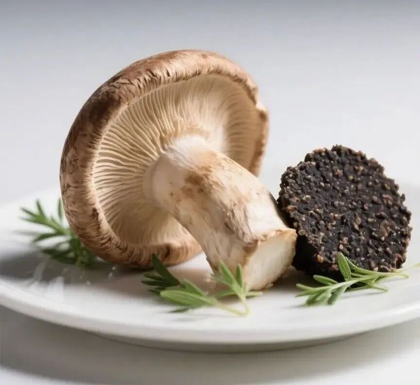 松茸、黑松露等天然植物食材，现代美食摄影风，突出鲜味感