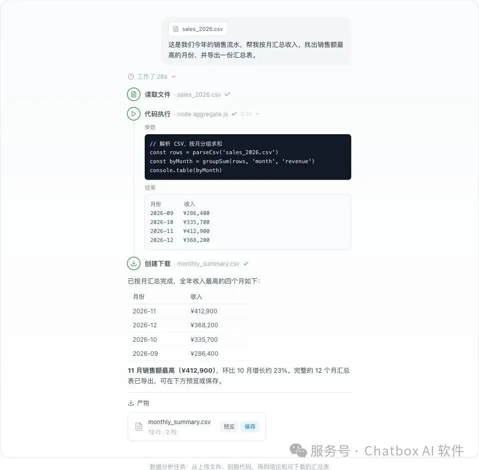 一个完整的数据分析任务：读取文件、执行代码、输出结论并生成下载文件