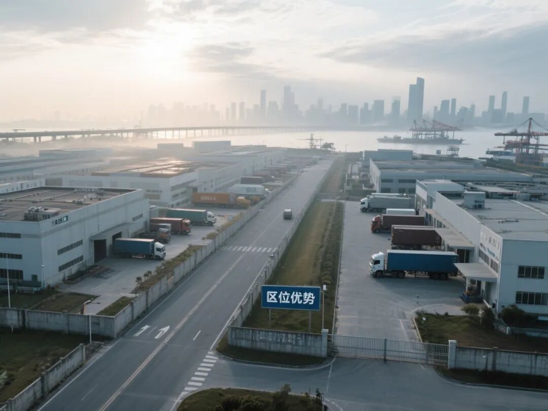 jimeng-2025-05-07-980-_高空俯视的现代化工业园区全景，宽阔的灰色道路呈放射状延伸，连接密集的厂房集群与远处城市天际线。近景突出‘区位优势’标语牌，中景展示物流卡车进出厂区，背景可....jpg