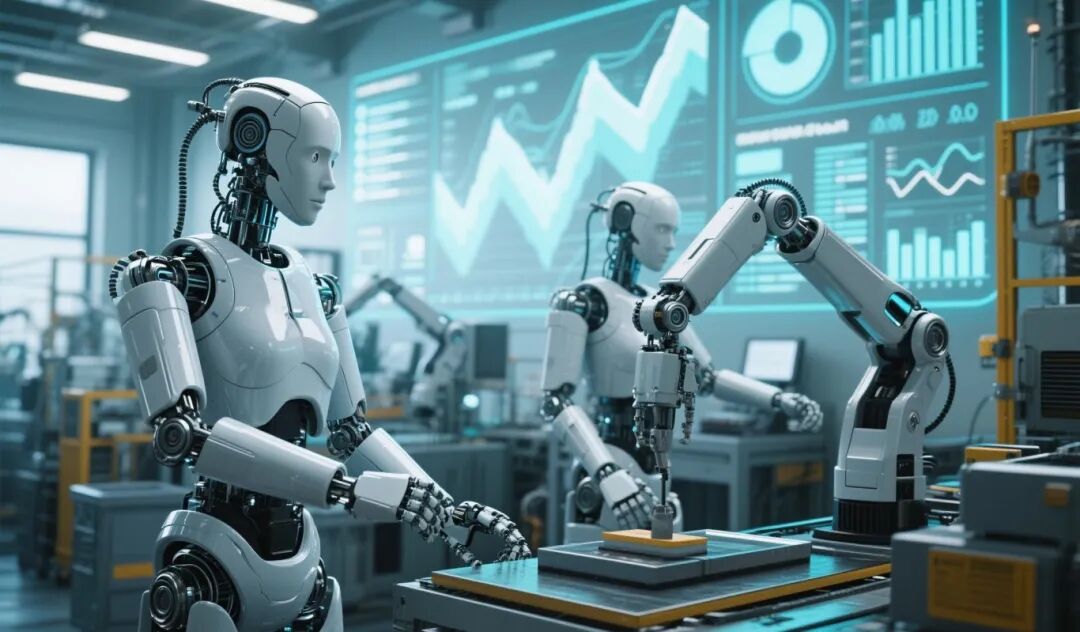 jimeng-2025-05-21-917-Humanoid robots perform tasks in factories and project their operational data ....jpeg