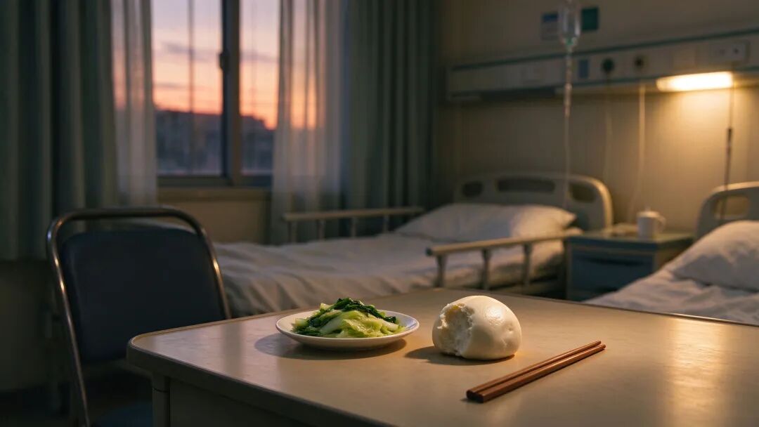 医院病房餐桌上的半个馒头和一碟清炒青菜
