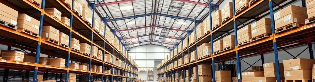Clean modern indoor logistics warehouse with high ceilings and organized shelving