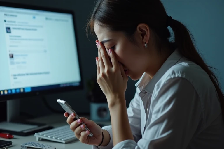 苦恼女性看手机工作.png