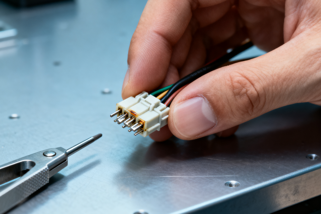 jimeng-2025-10-13-6493-手部正在进行线束检测，手指捏着线束连接器，正在检查金属触点是否氧化，背景为简洁的....png
