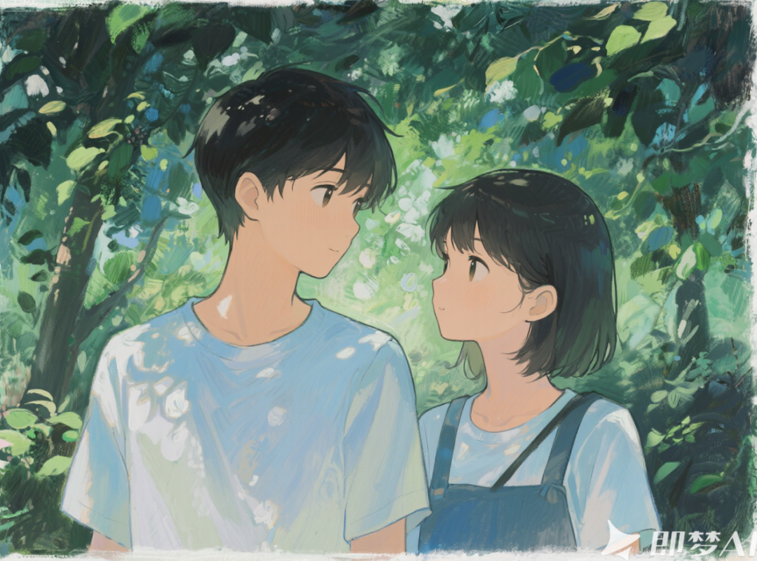 jimeng-2025-08-26-2808-夏木阴阴，一对年轻情侣，动漫风格，油画质感.png