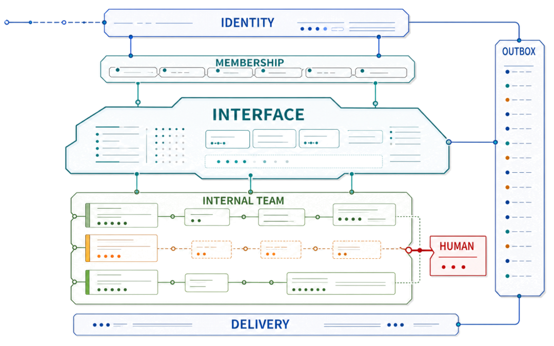 Identity、Membership、Interface、Internal Team、Human、Outbox 和 Delivery 以分层协议结构连接。