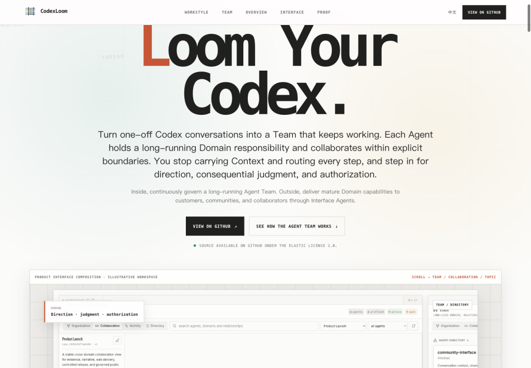 codexloom.ai 桌面首页，使用大字标题、暖白编辑画布和下方产品界面作为证据。