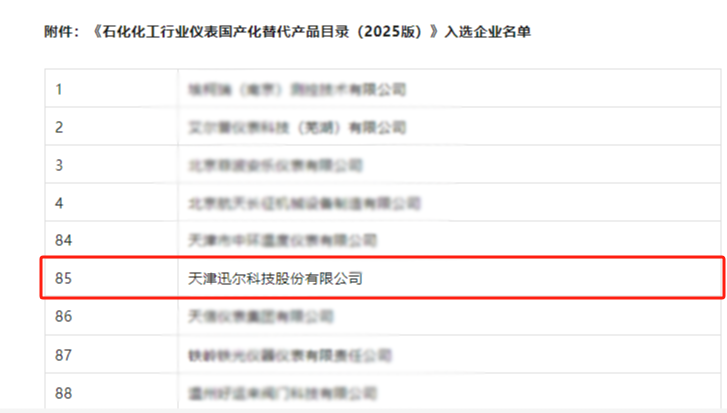 迅爾科技入選《石化化工行業儀表國產化替代產品目錄（2025 版）》