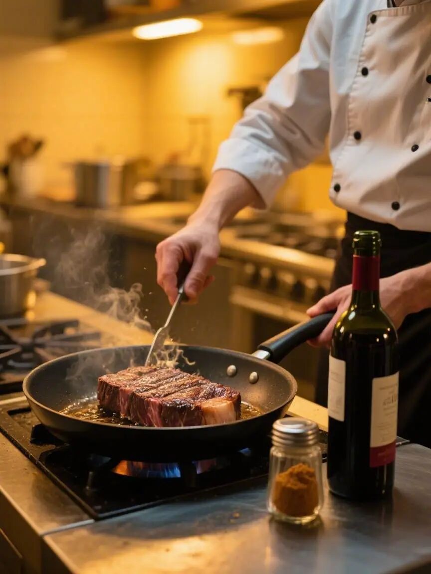 红酒牛排烹饪场景