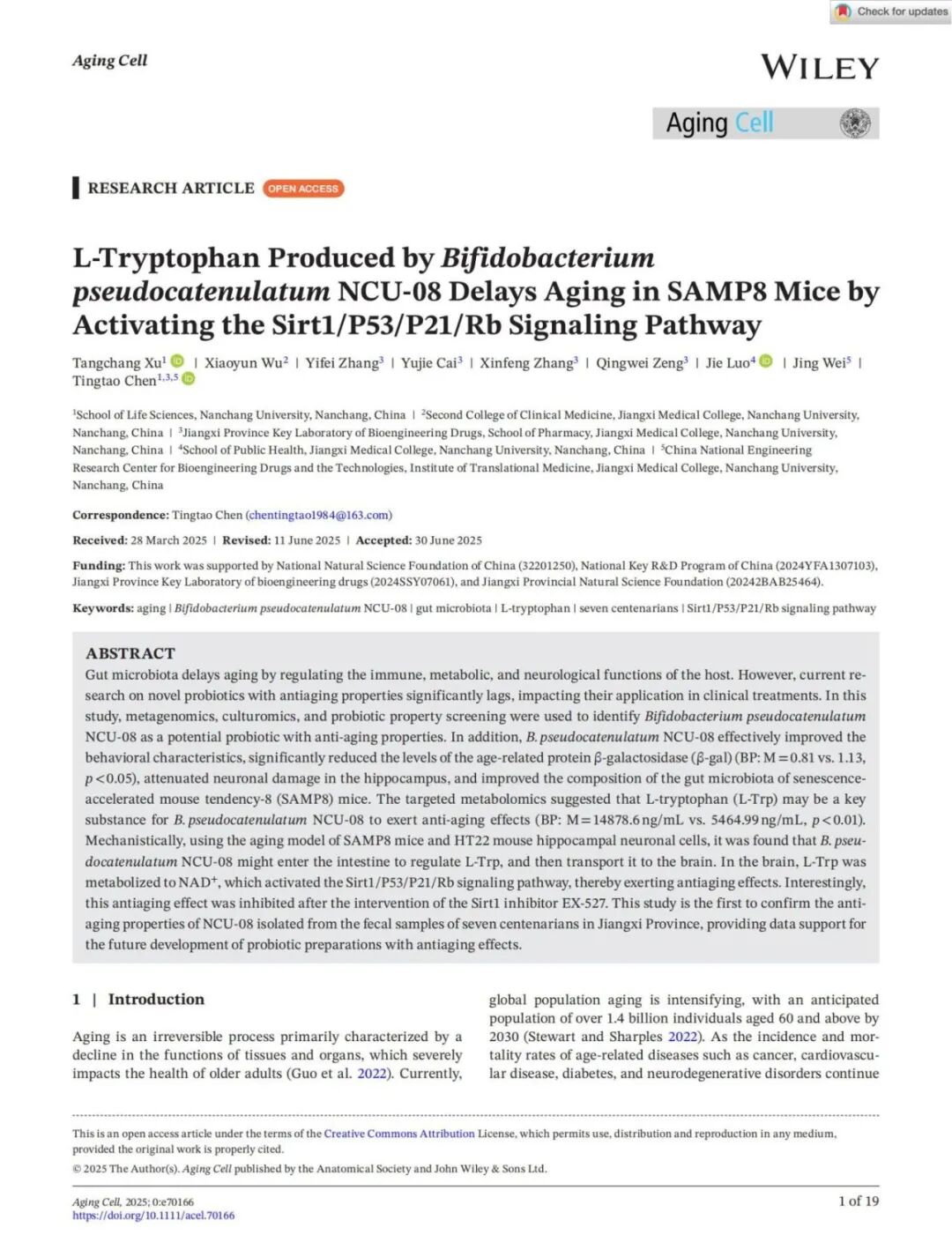 陈廷涛文章4-Aging Cell - 2025 - Xu - L‐Tryptophan Produced by Bifidobacterium pseudocatenulatum NCU‐08 Delays Aging in SAMP8 Mice by_01.jpg