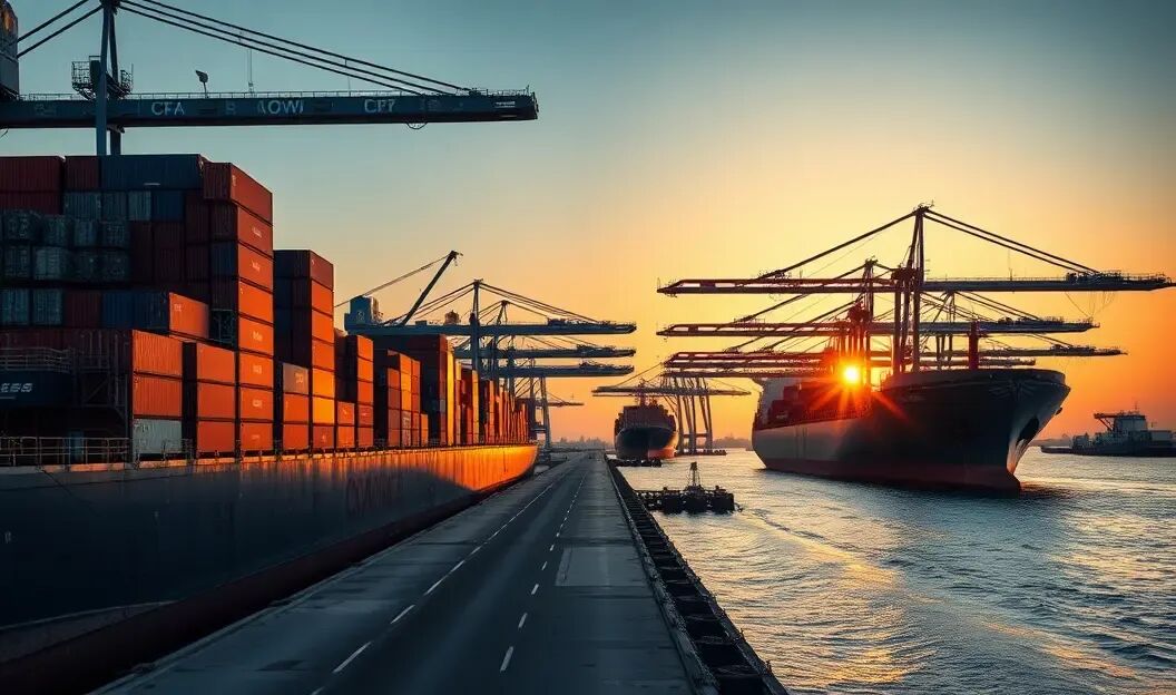 Modern deep sea port in Africa with massive container ships and cranes, high-end logistics photography, sunrise lighting