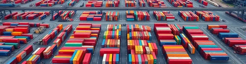 Aerial view of a massive container yard with organized stacks of colorful containers