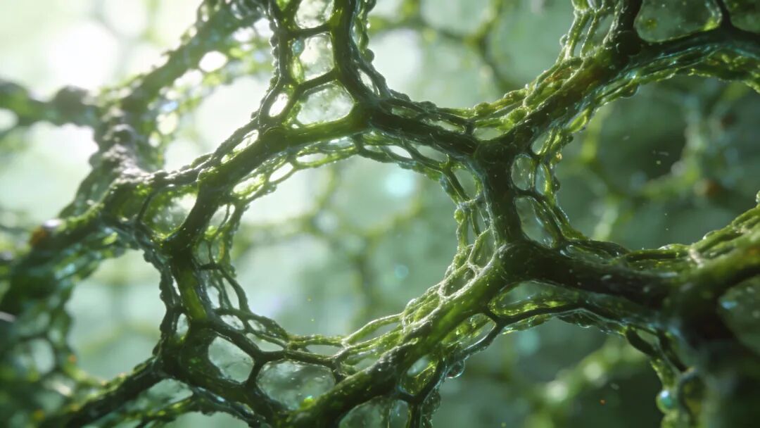 一張充滿生命力的植物細(xì)胞壁3D渲染圖，展示其堅(jiān)固的網(wǎng)狀結(jié)構(gòu)，微距特寫，背景明亮，充滿科技感。