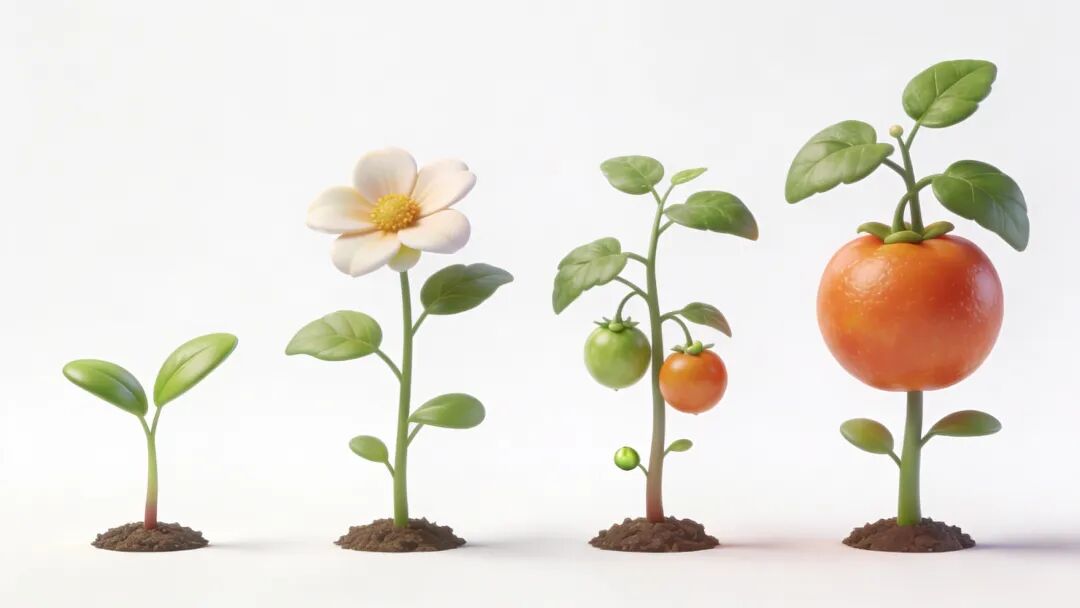 一張展示植物生長周期的示意圖，從左到右依次是幼苗、開花、結(jié)出小小的幼果，最后是飽滿的成熟果實(shí)，采用干凈的3D渲染風(fēng)格，背景為純白色。