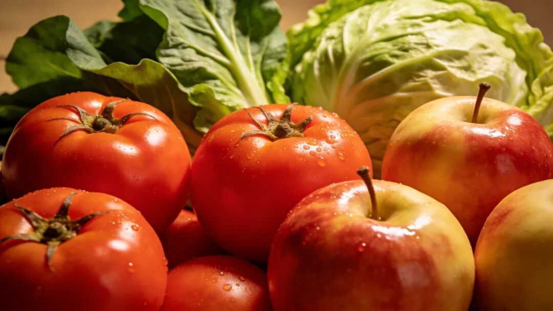 一張展示多種健康農(nóng)產(chǎn)品的靜物攝影圖，前景是飽滿的紅番茄和光亮的蘋果，背景是翠綠的大白菜，整體光線柔和明亮，體現(xiàn)豐收和品質(zhì)。