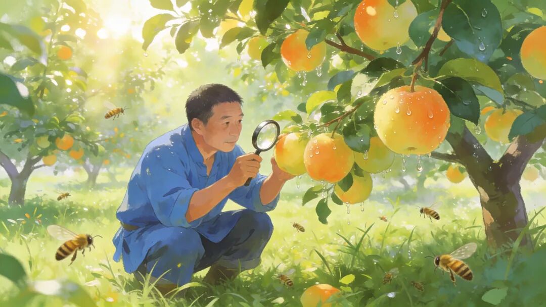 陽光下的生態(tài)果園，果樹間綠草茵茵，有蜜蜂飛舞，一位中國果農(nóng)正在檢查水果生長情況，體現(xiàn)綠色有機的概念。風(fēng)格為寫實感數(shù)字插畫。