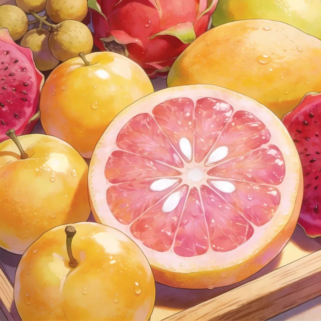 一張包含多種新奇特水果的拼盤特寫，如切開的香水柚、黃金奈李等，色彩鮮艷誘人。風(fēng)格為寫實感數(shù)字插畫。