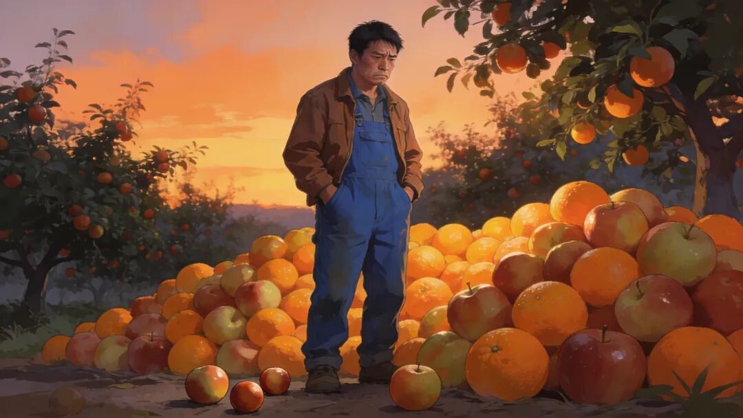 一位亞洲面孔的果農(nóng)，站在堆積如山的水果旁，面帶愁容，背景是傍晚的果園。風(fēng)格為溫暖的數(shù)字插畫。