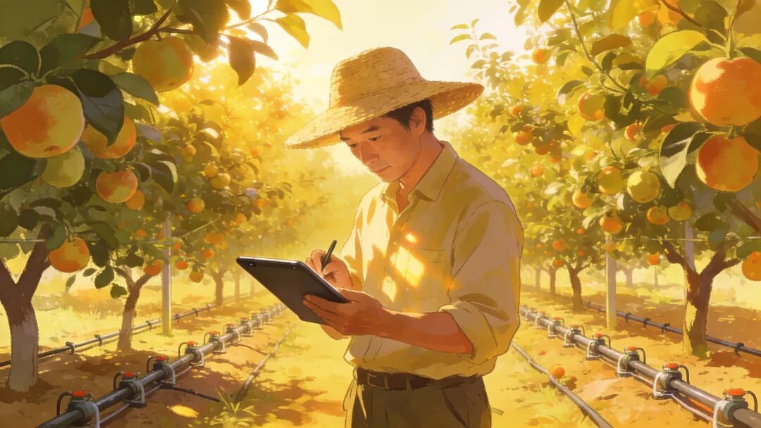 一位戴著草帽的中國果農(nóng)，手持平板電腦在果園里記錄數(shù)據(jù)，體現(xiàn)精細化、科學(xué)化管理的場景。風(fēng)格為寫實感數(shù)字插畫。