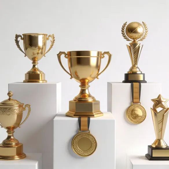 金色獎杯和獎牌陳列在展臺上