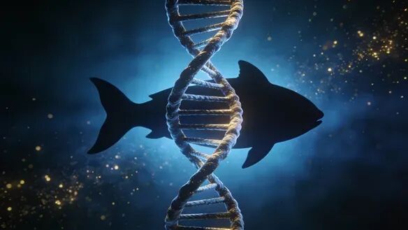 DNA雙螺旋結(jié)構(gòu)與魚的抽象剪影融合的科技感橫幅