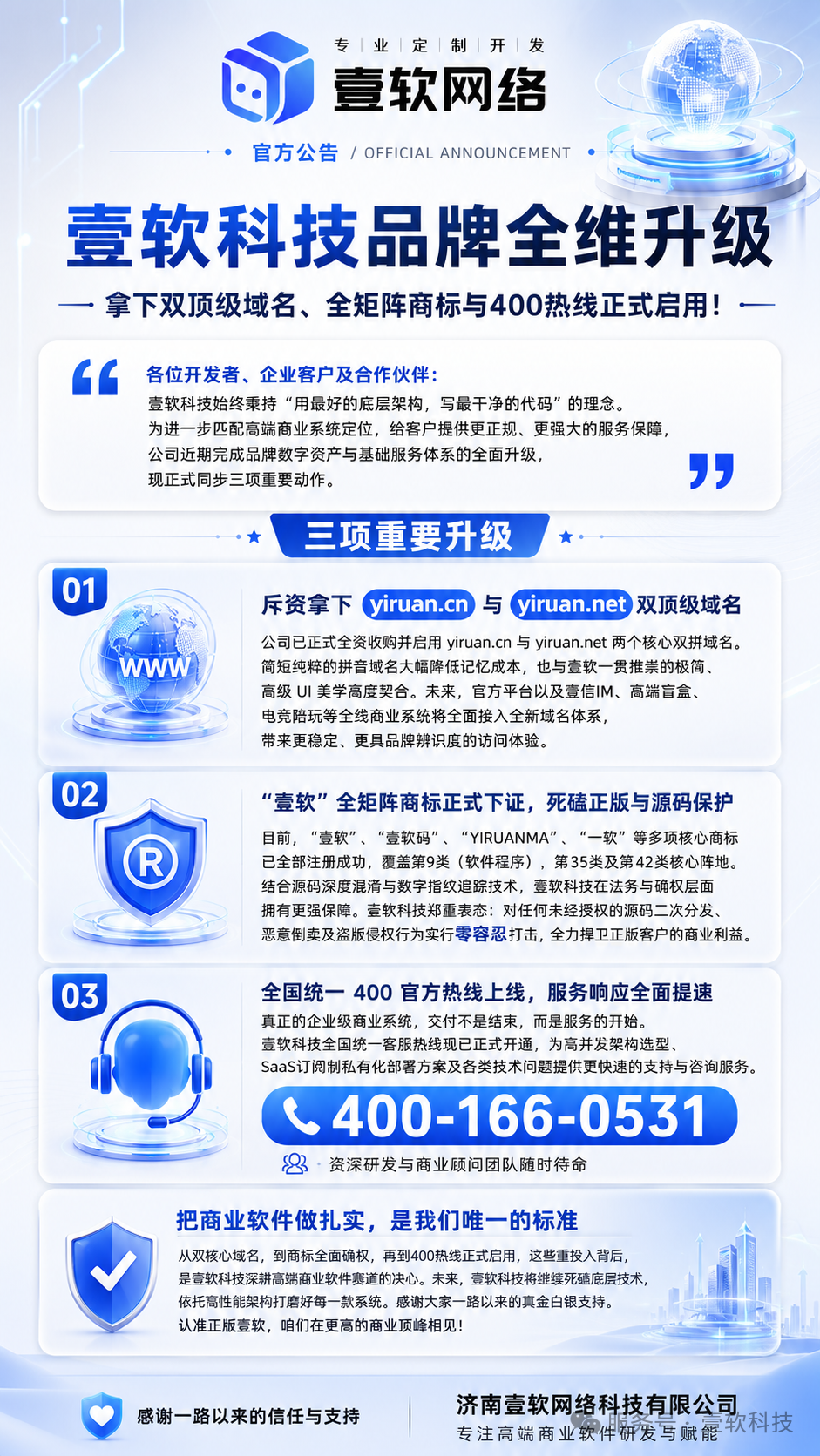济南壹软科技全面升级：双顶级域名+全矩阵商标，400热线开通-济南壹软网络科技
