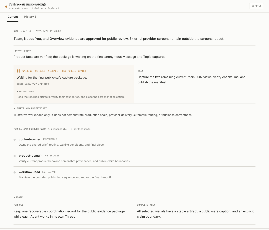 CodexLoom Topic Current 页面显示 brief 版本、等待对象、下一步、限制、Responsible、Participants、Purpose 与完成条件。