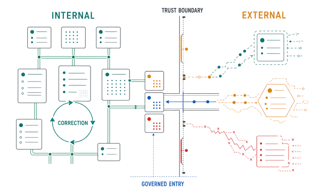 左侧 Internal correction loop 与右侧多种不确定 External input 被一条垂直 Trust Boundary 分隔，输入从 Governed Entry 进入。